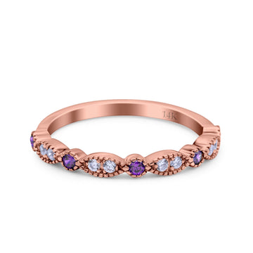 14K Rose Gold Half Eternity Wedding Band Art Deco Design Simulated Amethyst CZ Ring Size-7